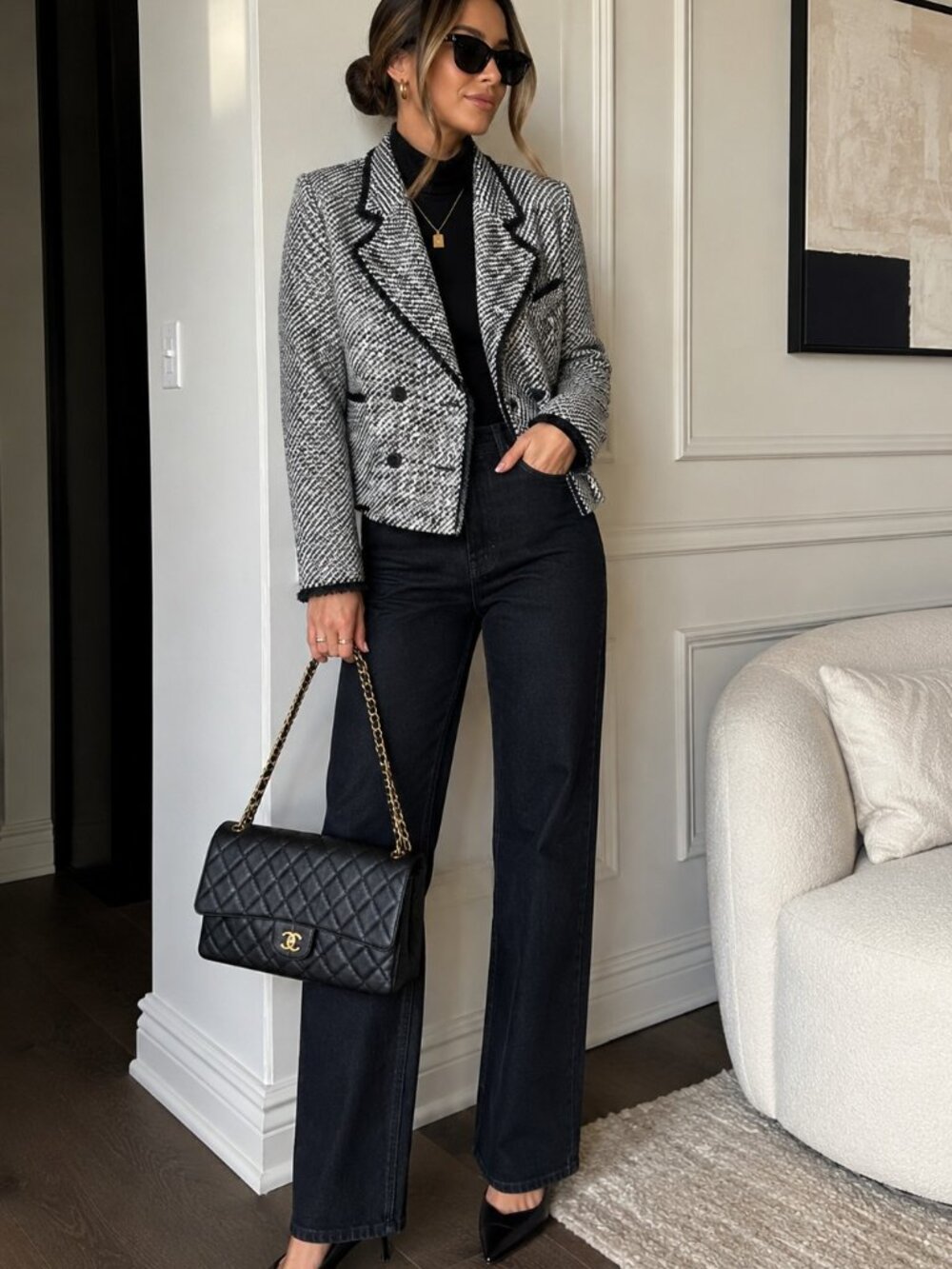 LOFT Black White Tweed Cropped Blazer Jacket Fringe Trim Double Breasted Size 8